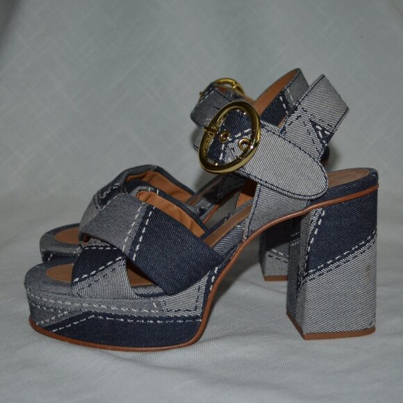 $475 Sz 38 7.5 See by Chloe Joei Blue Denim Platform Buckle 4" Heels Sandals - Picture 1 of 10